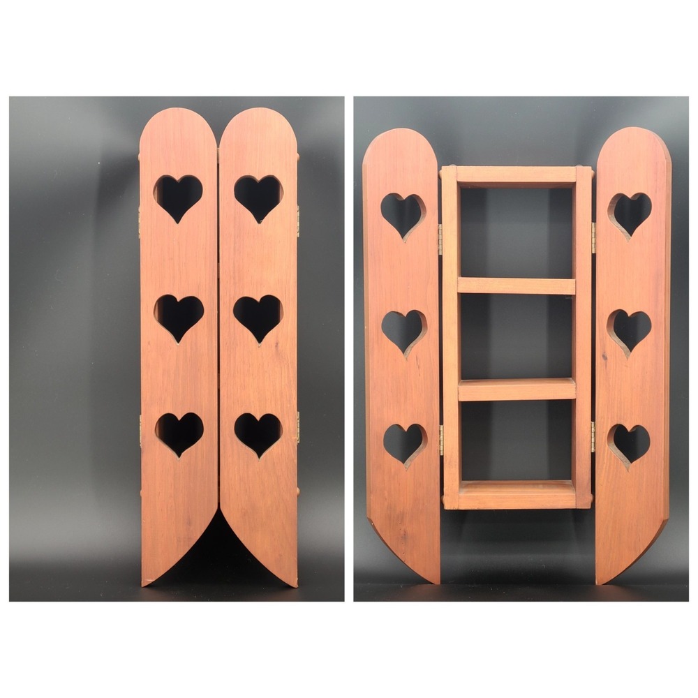 Vtg 3 Tier Wall Shelf Cabinet Wood Heart Cut-Out Doors Country Cottage Trinket